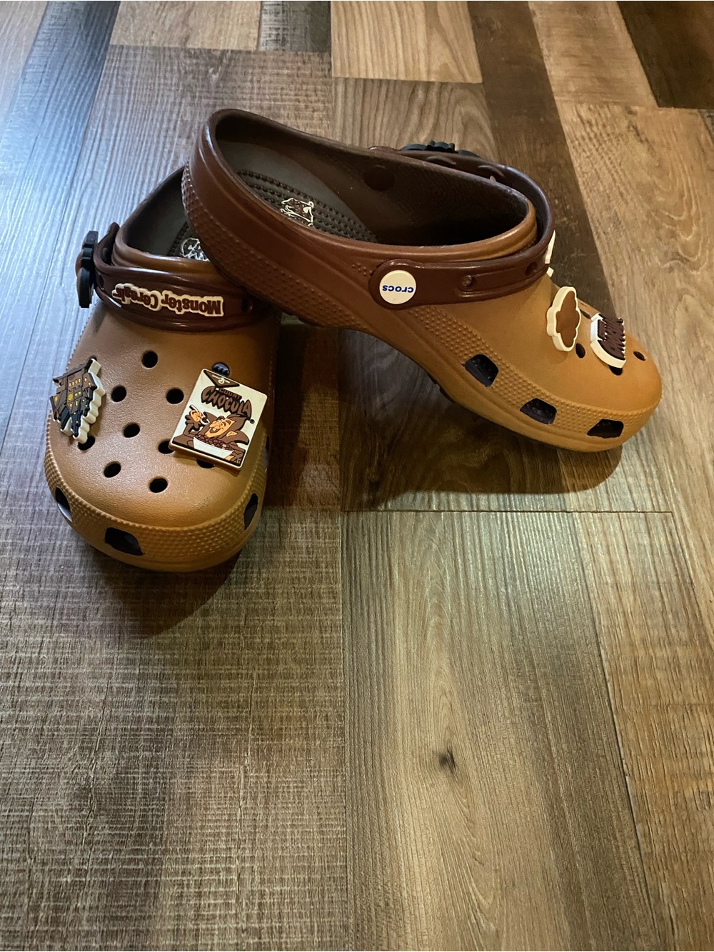CROCS Brown & Tan Classic Clog Mules with Character Jibbitz